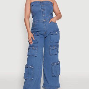 Plus Size Daisy Denim Strapless Cargo Jumpsuit - medium wash